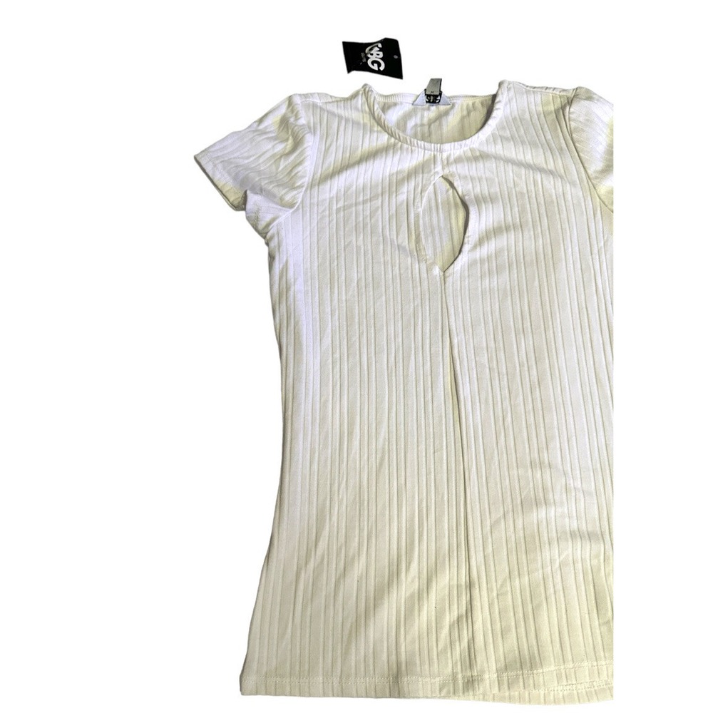 GBG Los Angeles Ribbed Keyhole Crewneck Short Sleeve Top Cream Ivory NWT Small - Picture 2 of 8